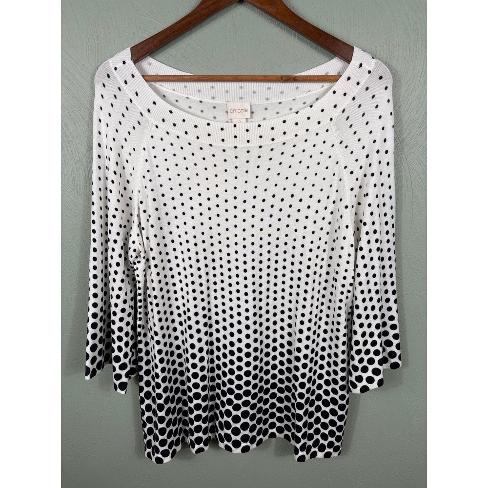 Chicos Black White Polka Dot Ombre Knit Sweater Top Women‎ Size 2 Large - Picture 10 of 12